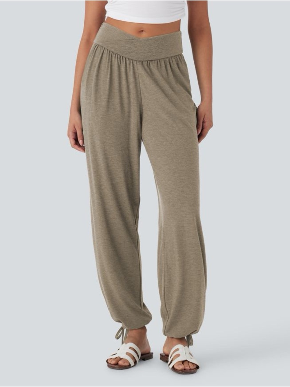 HALARA Tan Almond Khaki Relaxed Crossover Waist Tie-Hem Jogger Pants Medium